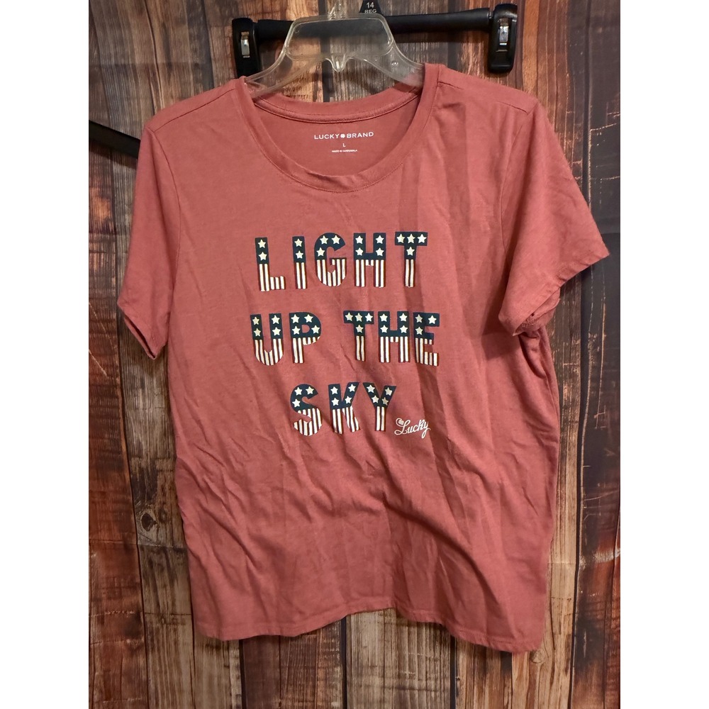 Lucky Brand Women Light Up The Sky Graphic Tee Coral Pink Americana Large